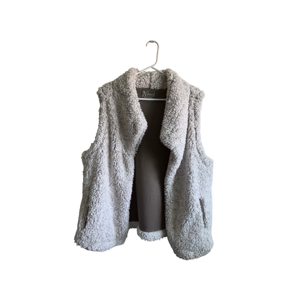Natural Reflections Sherpa Vest 1X Faux Fur Cozy Open Front Beige Pockets